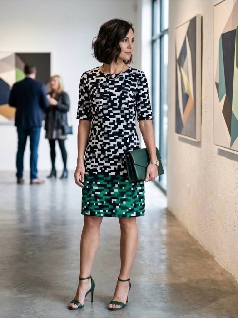 Stunning Abstract Geometric Shift Dress with Emerald Colorblock Hem